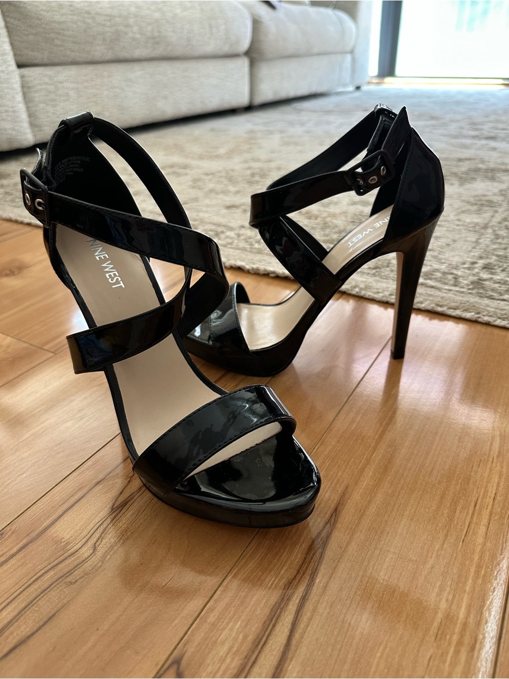 Nine West Black Patent Strappy Platform High Heels